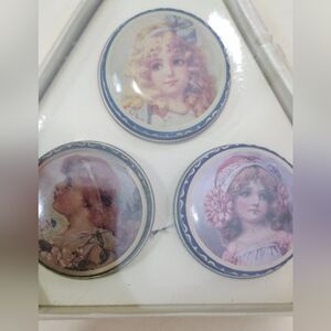 Vintage Metal Pill Boxes With Young Girls Faces Still In Box Of 3 Victorian